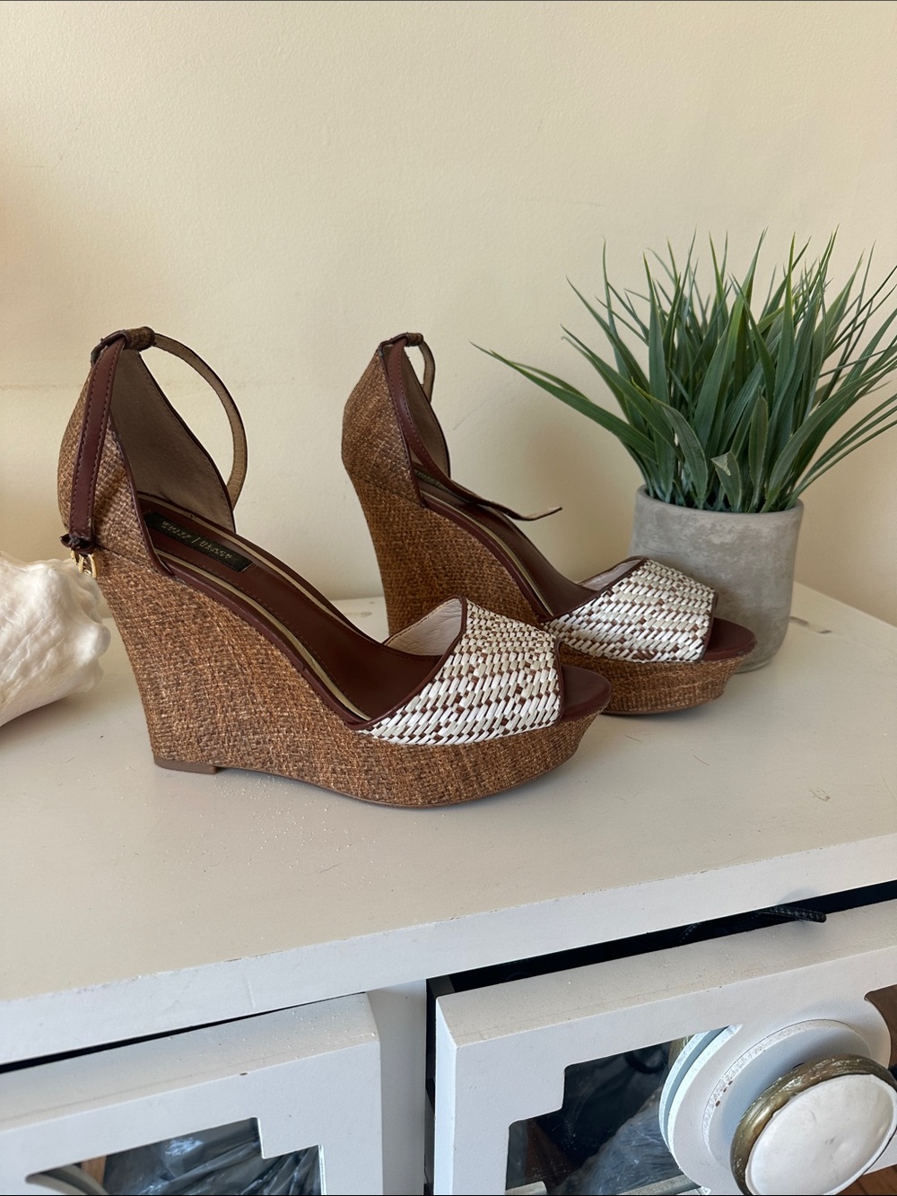 White House Black Market Brown and White Woven Wedge Sandals